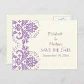 ダマスクラベンダー、グレー、アイボリー結婚式の日付を保存 案内ポストカード (正面/裏面)