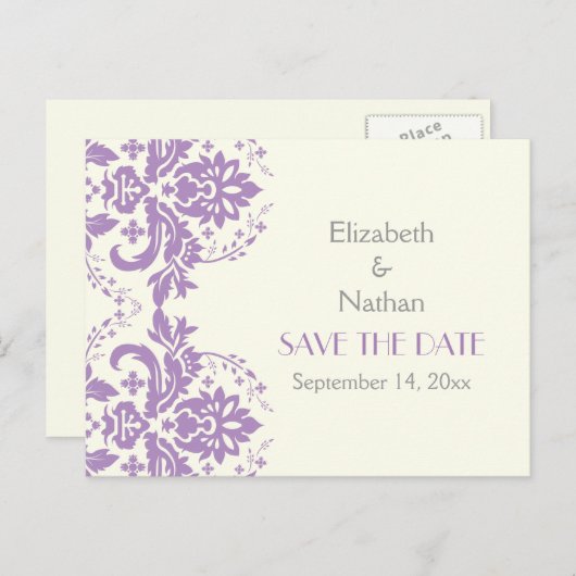 ダマスクラベンダー、グレー、アイボリー結婚式の日付を保存 案内ポストカード (正面/裏面)