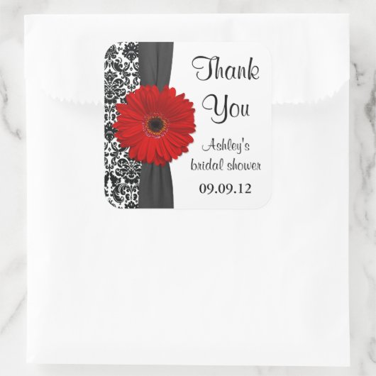 ダマスクレッドデイジー結婚のブライダルシャワーありがとう スクエアシール (バッグ)