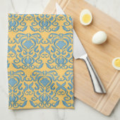 ダマスクロビンズエッグブルー旧世界煉瓦パターン キッチンタオル (四つ折り)