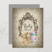 ダマスクヴィンテージテディベアベビーシャワー招待状 招待状 (正面/裏面)