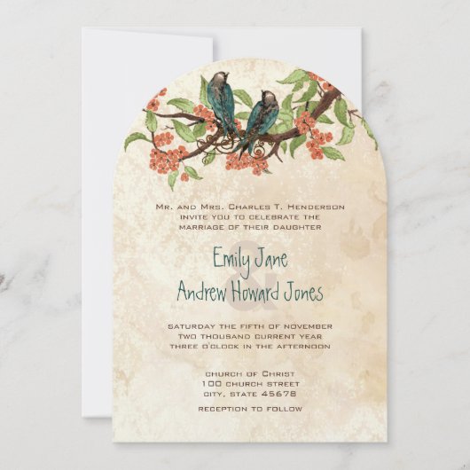 ダマスクヴィンテージ愛の鳥の紅茶の汚れ結婚式の招待 招待状 (正面)