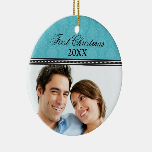 ダマスク初めてのクリスマス結婚オーナメント(アクア) セラミックオーナメント (右)