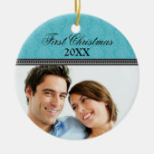 ダマスク初めてのクリスマス結婚オーナメント(アクア) セラミックオーナメント (正面)