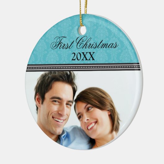 ダマスク初めてのクリスマス結婚オーナメント(アクア) セラミックオーナメント (左)