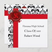 ダマスク卒業式パーティーレッドワックスシールモノグラム 招待状 (正面/裏面)