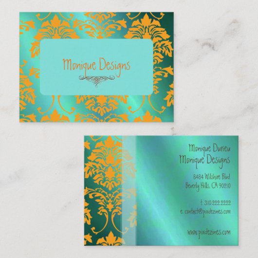 ダマスク名刺アクアとオレンジ 名刺 (正面/裏面)