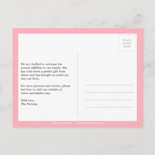 ダマスク大切ベビーガール誕生のお知らせ 案内ポストカード (裏面)