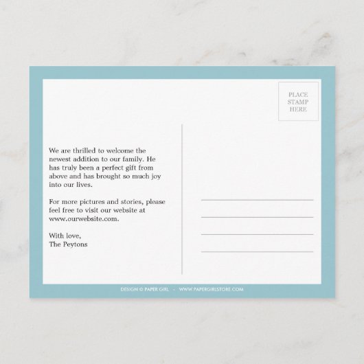 ダマスク大切男の赤ちゃん誕生発表 案内ポストカード (裏面)