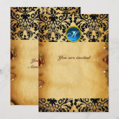 ダマスク宝石モノグラムパーチメント 青 招待状 (正面/裏面)