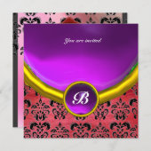 ダマスク宝石モノグラムパープルピンクのシルクブラック 招待状 (正面/裏面)