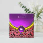 ダマスク宝石モノグラムパープルピンクのシルクブラック 招待状 (スタンド正面)