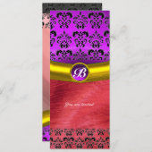 ダマスク宝石モノグラムピンク紫紫バイオレットシルク 招待状 (正面/裏面)