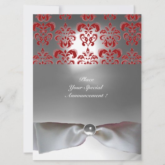 ダマスク宝石モノグラム 白いリボン グレー レッド 招待状 (裏面)