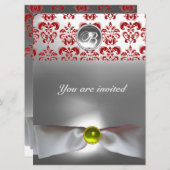 ダマスク宝石モノグラム 白リボン グレー レッド 招待状 (正面/裏面)