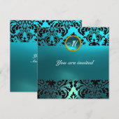 ダマスク宝石モノグラム 青アクアマリン 招待状 (正面/裏面)
