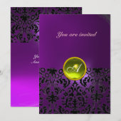 ダマスク宝石モノグラム 黄色 紫 招待状 (正面/裏面)