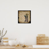 ダマスク山花西部の国のカウボーイのブーツ ポスター (キッチン)