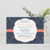 ダマスク招待状ブライダル、ベビーシャワー、コーラルネイビー 招待状 (スタンド正面)