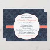 ダマスク招待状ブライダル、ベビーシャワー、コーラルネイビー 招待状 (正面/裏面)