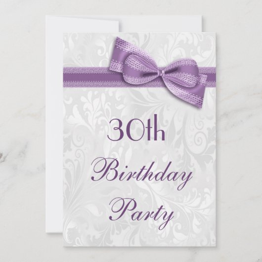 ダマスク柄とフェイクリボンの30歳の誕生日パーティー 招待状 (正面)