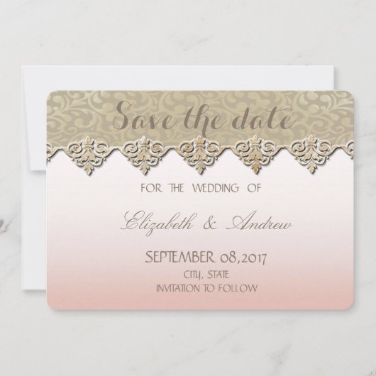 ダマスク柄のエレガントな結婚式のSave the date セーブザデート (正面)