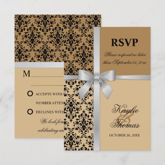 ダマスク柄のフェイクシルバーリボン 秋の結婚式 RSVP カード (正面/裏面)