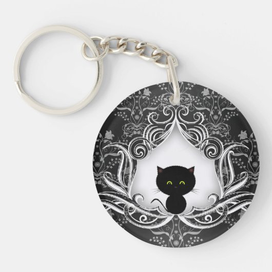 ダマスク柄の上の可愛い黒猫 キーホルダー (正面)