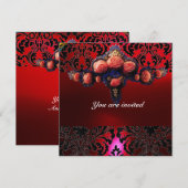 ダマスク柄の宝石とピンクのバラのイニシャル 招待状 (正面/裏面)