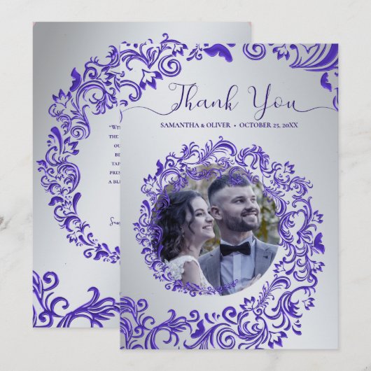 ダマスク柄の紫の結婚式フォトカード サンキューカード (正面/裏面)