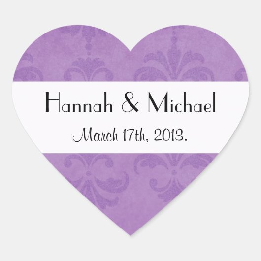 ダマスク柄, 紫色のダマスク, 結婚式 ハートシール (正面)