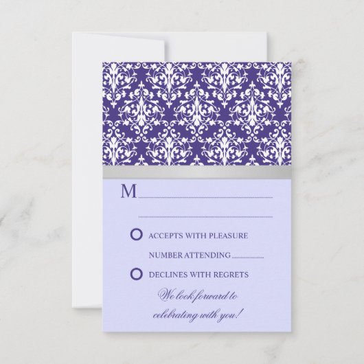 ダマスク模様の偽銀リボン紫の結婚式出欠確認カード 招待状 (裏面)