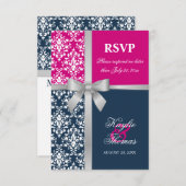 ダマスク模様の偽銀リボン ネイビー 結婚式 返信カード (正面/裏面)
