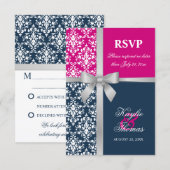 ダマスク模様の偽銀リボン ネイビー 結婚式 返信 (正面/裏面)