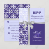 ダマスク模様の偽銀リボン 紫の結婚式 出席カード 招待状 (正面/裏面)