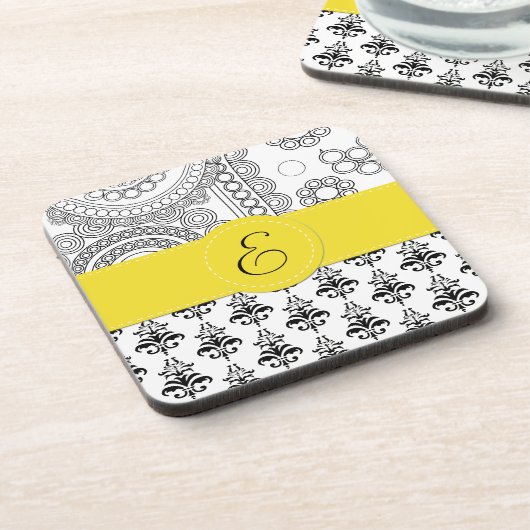 ダマスク模様,白黒ダマスク,モノグラム コースター (左側)