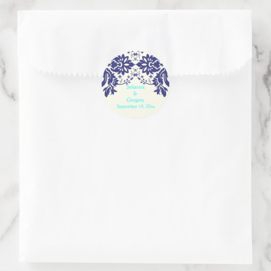 ダマスク海軍の青、アクア、結婚式の日付を保存 ラウンドシール (バッグ)