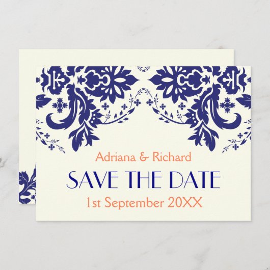 ダマスク海軍の青、サンゴの結婚式の日付を保存 招待状 (正面/裏面)