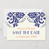 ダマスク海軍の青、サンゴの結婚式の日付を保存 招待状 (正面)