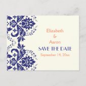 ダマスク海軍の青、サンゴの結婚式の日付を保存 案内ポストカード (正面)