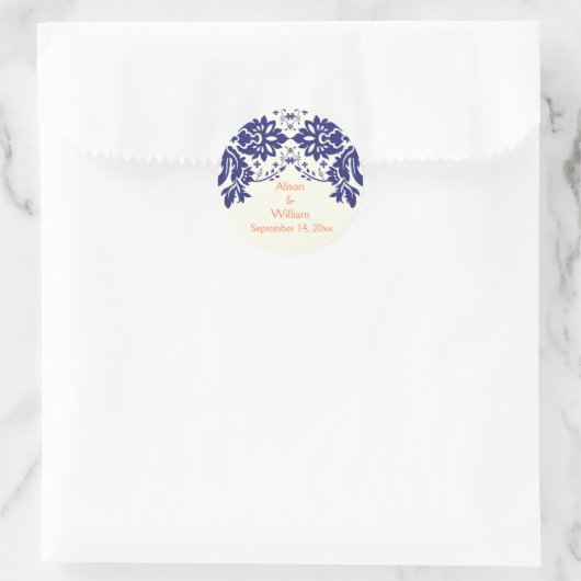 ダマスク海軍の青、サンゴ、結婚式の日付を保存 ラウンドシール (バッグ)