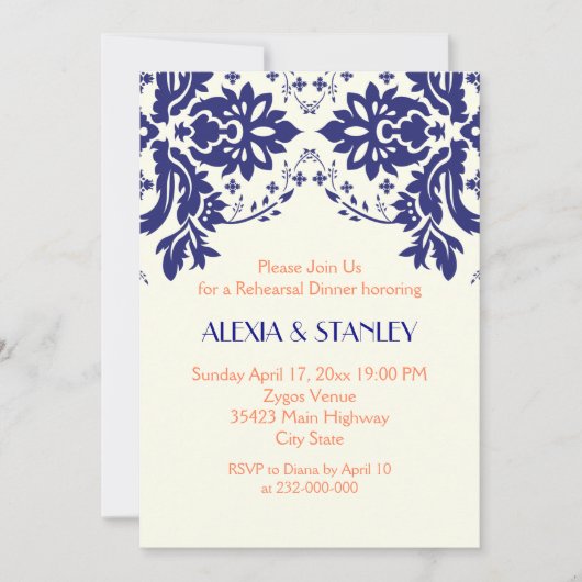 ダマスク海軍ブルー、コーラルのリハ結婚ーサルディナー 招待状 (正面)