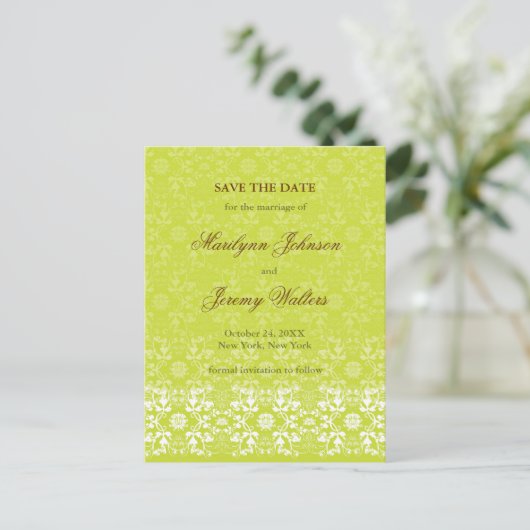 ダマスク渦巻きレースライム日付はがきを保存 案内ポストカード (スタンド正面)