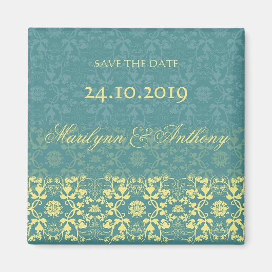 ダマスク渦巻きレース孔雀日付磁石を保存 マグネット (正面)