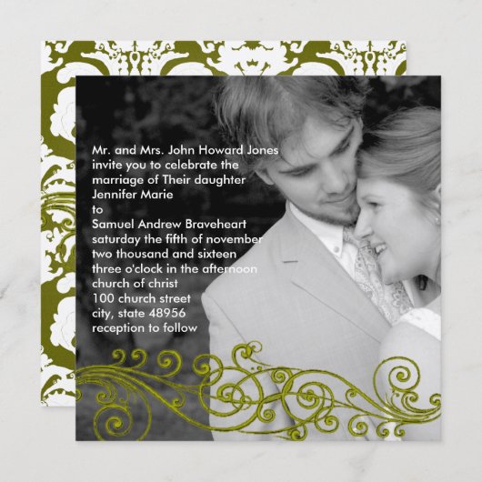 ダマスク渦巻形のの写真結婚式招待状 招待状 (正面/裏面)