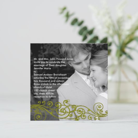 ダマスク渦巻形のの写真結婚式招待状 招待状 (スタンド正面)