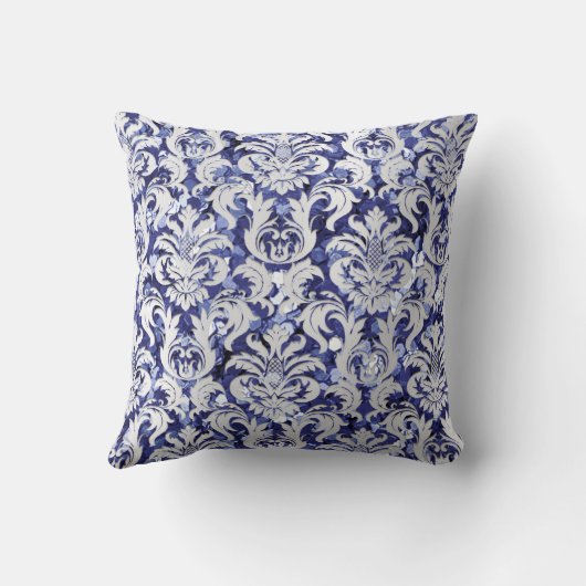 ダマスク王室のグリッターシルバーグレーインディゴブルーネイビー クッション (裏面)