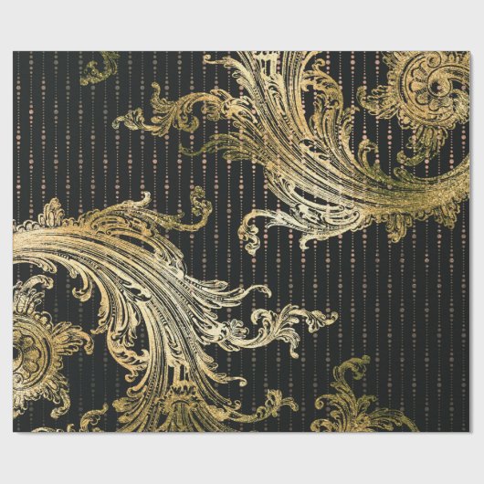 ダマスク王室のセピア金ゴールドフェイクフローラブラックドロップ ラッピングペーパー (フラット)
