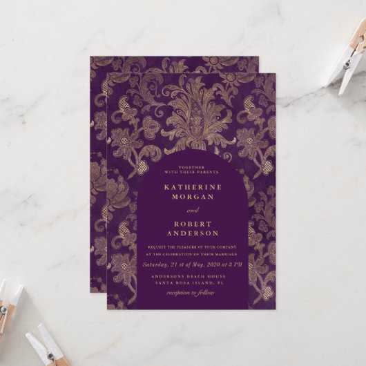 ダマスク王室のパープエレガントル結婚式招待状 招待状 (正面/裏面インサイチュ)