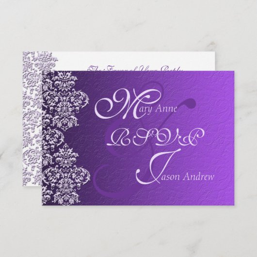 ダマスク王室のパープルウェディングRSVPカード 出欠カード (正面/裏面)